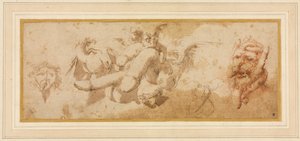 Blatt satirischer Studien Amorini reiten Phalli, um 1650er