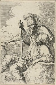Drei Krieger, einer sitzt auf einem Felsen im Vordergrund und hält einen Stab; der zweite steht hinter ihm und zeigt, der dritte ist als Gesicht hinter ihnen zu sehen, aus der Figurinen-Serie von Salvator Rosa
