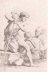 Zwei Männer sitzen und ein anderer Mann hält einen Stab und kniet auf einem Felsen, aus der Serie..., ca. 1656-1657 von Salvator Rosa