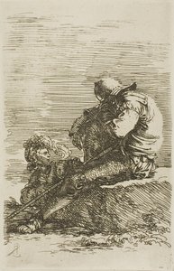 Zwei Krieger, einer sitzt schlafend auf einem Felsen im Vordergrund, aus der Figurinenserie von Salvator Rosa