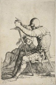 Zwei Krieger, einer sitzt auf einem niedrigen Felsen im Vordergrund und hält einen Kriegshammer; die andere Figur sitzt auf dem Boden hinter ihm, hält eine Keule über die rechte Schulter und schaut zur Figur im Vordergrund, aus der Figurinen-Serie von Salvator Rosa