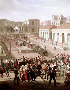 Einweihung der Eisenbahnlinie zwischen Neapel und Portici im Jahr 1839 in Anwesenheit von König Ferdinand II. (Detail)