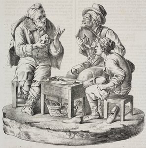 Schuster im Streit, Statuetten von Giacomo Bongiovanni und Giuseppe Vaccaro, Lithographie von Salvatore Puglia aus Poliorama Pittoresco, Nr. 32, 18. März