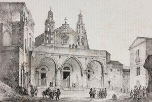 Fassade der Kathedrale von Sessa Aurunca, Kampanien, Italien, Lithographie von Salvatore Puglia nach einer Zeichnung von Pasquale Mattei aus Poliorama Pittoresco, Nr. 42, 24. Mai