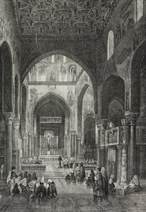 Innenraum der Palatinenkapelle im Palazzo dei Normanni oder Königspalast in Palermo, Sizilien, Italien, Lithographie von Salvatore Puglia aus Poliorama Pittoresco, Nr. 41, 21. Mai