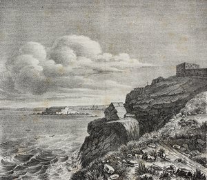 Grab für François-René de Chateaubriand in Saint-Malo, Frankreich, Lithographie von Gaetano Riccio aus Poliorama Pittoresco, Nr. 32, 18. März von Salvatore Puglia