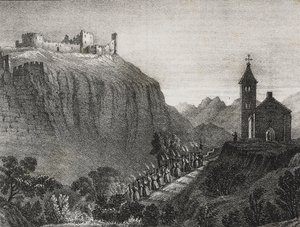 Reise nach Cappelluccia, Szene der Zauberlaterne, Sammlung von Geschichten und Bildern, Lithographie von Salvatore Puglia aus Poliorama Pittoresco, Nr. 41, 17. Mai