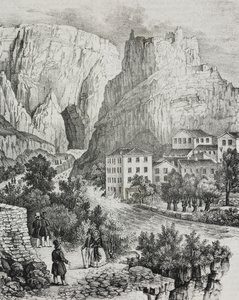 Ansicht von Fontaine-de-Vaucluse, Frankreich, Lithographie von Sardi aus Poliorama Pittoresco, Nr. 51, 30. Juli von Salvatore Puglia