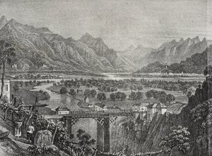Blick auf das Ossola-Tal vom Sempione, Piemont, Italien, Lithografie von Salvatore Puglia aus Poliorama Pittoresco, Nr. 28, 18. Februar