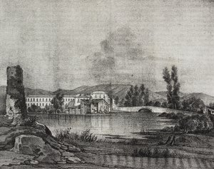 Ansicht der Santa Restituta Fabrik und Kirche am Ufer des Fibreno-Flusses in Cornello, Latium, Italien, Lithographie von Salvatore Puglia nach einer Zeichnung von Raffaele Carelli