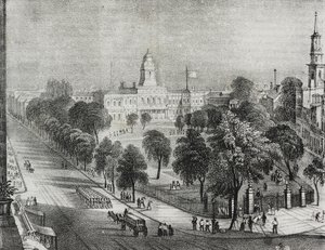 Ansicht des Parks und des Rathauses von New York, Vereinigte Staaten von Amerika, Lithographie von Salvatore Puglia aus Poliorama Pittoresco, Nr. 24, 22. Januar von Salvatore Puglia