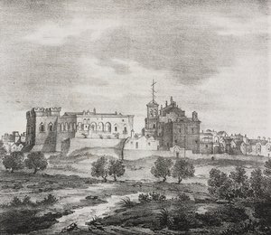 Westansicht von Mesagne, Apulien, Italien, Lithographie von Salvatore Puglia aus Poliorama Pittoresco, Nr. 47, 29. Juni von Salvatore Puglia