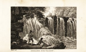 Fischer angelt nach Lachs am Ufer eines Flusses nahe einem Wasserfall von Samuel (after) Howitt