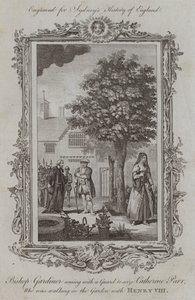 Bischof Gardiner kommt mit einer Wache, um Catherine Parr zu verhaften, die mit Heinrich VIII. im Garten spazieren geht