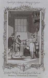 Kardinal Wolsey übergibt das Große Siegel an die Herzöge von Norfolk und Suffolk (Stich) von Samuel (after) Wale