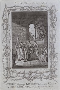 Dunstan zieht König Edwy von seiner Gemahlin, Königin Ethelgiva, an seinem Krönungstag weg (Stich) von Samuel (after) Wale