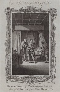 Heinrich Prinz von Wales nimmt die Krone vom Kissen seines Vaters Heinrich IV.