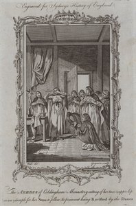 Die Äbtissin des Klosters Coldingham schneidet sich Nase und Oberlippe ab, um ihren Nonnen ein Beispiel zu geben, um eine Vergewaltigung durch die Dänen zu verhindern (Gravur)