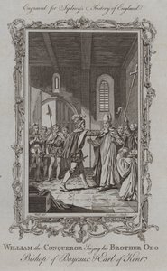 Wilhelm der Eroberer ergreift seinen Bruder Odo, Bischof von Bayeux und Graf von Kent (Gravur)