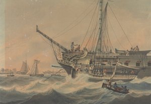 Kriegsschiff und Schiffe vor der Küste