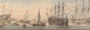 Kriegsschiffe und andere Schiffe auf der Themse (höchstwahrscheinlich in Deptford) von Samuel Atkins