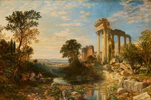 Italienische Landschaft mit Figuren bei Ruinen