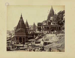 Benares; "Vishnu Pud" und andere Tempel in der Nähe des Verbrennungsghats von Samuel Bourne