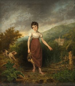 Ein Mädchen überquert einen Bach von Samuel Colman