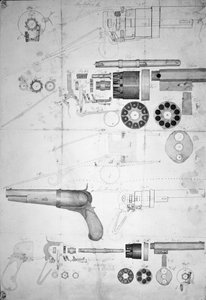 Originalpläne für einen zehnkammerigen Revolver, der später 1836 zum sechskammerigen patentiert wurde, ca. 1830
