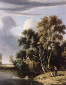 Jungen baden in einem Bach