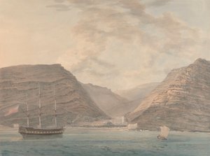 Kriegsschiff im Hafen vertäut, Berge im Hintergrund von Samuel Davis