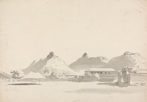 Militärlager mit Festungen auf den Hügeln dahinter