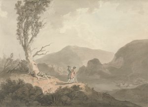 Zwei Männer mit Teleskop, die über einen Fluss schauen von Samuel Davis