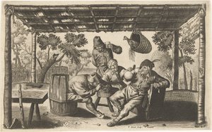 Drei trinkende und rauchende Bauern in einer Scheune von Samuel Donnet