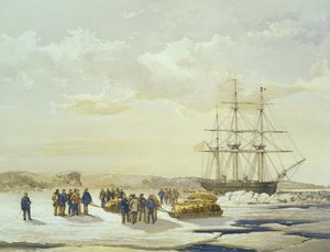 Schlittenparty verlässt H.M.S. Investigator in Mercy Bay, 15. April 1853, graviert von E. Walker, veröffentlicht von Ackermann und Co., 1854
