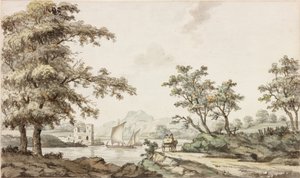 Ein Fluss mit Segelbooten und einem Pferd und Wagen von Samuel Henry Alken