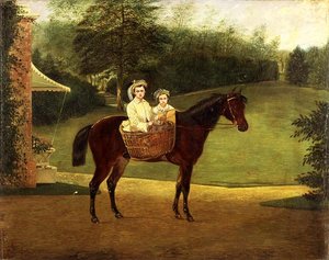 Porträt von zwei Mädchen in einem Korb auf einem Pony von Samuel Henry Alken