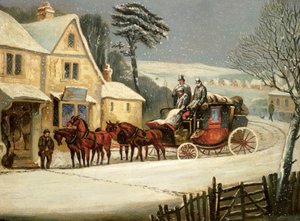 Winterszene mit dem königlichen Postwagen an einem Gasthaus