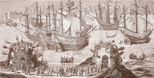 Heinrich VIII. geht in Dover an Bord, aus dem großen Druck veröffentlicht von der Royal Society of Antiquities