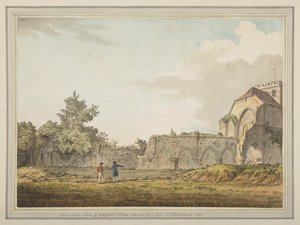 Ruinen des Kirchenschiffs der Boxgrove Priory Church vom Kirchhof aus gesehen von Samuel Hieronymous Grimm
