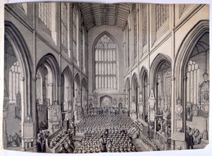 Ansicht vom Ostende des Inneren der Bath Abbey mit Gemeinde von Samuel Hieronymous Grimm