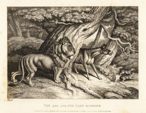 Ein Esel schreit laut bei der Jagd mit einem Löwen. 1811 (Radierung)