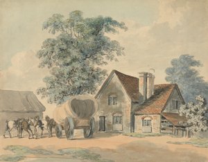 Pferde und Wagen vor einem Cottage