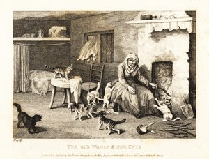 Alte Hexe sitzt am Herd in einer Hütte, umgeben von Katzen. 1811 (Radierung)