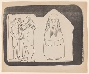Fantasie: links drei Figuren nach rechts, rechts eine frontale chinesische Gestalt von Samuel Jessurun de Mesquita (signed by artist)
