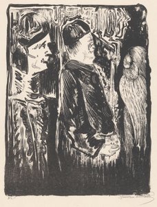 Fantasie: links zwei Figuren mit Mützen nach rechts, rechts eine eingekratzte Erscheinung mit Federkleid von Samuel Jessurun de Mesquita