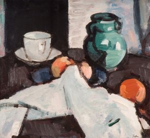 Stillleben mit Obstschale, Krug, Tasse und Untertasse