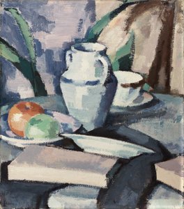 Stillleben mit Vase und Büchern