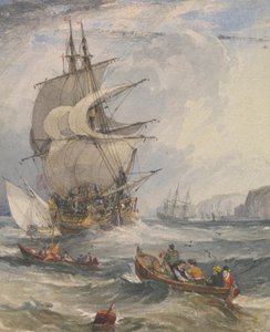 Segelschiffe und kleine Boote in rauer See vor der Küste von Samuel Owen
