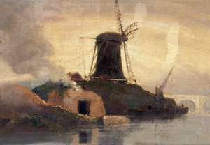 Windmühle und Ziegelofen am Flussufer
